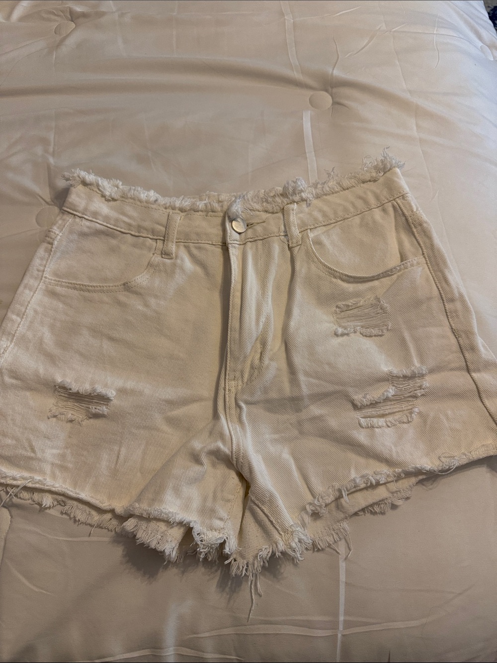 SHEIN White Distressed High-Rise Frayed Hem Jean Shorts